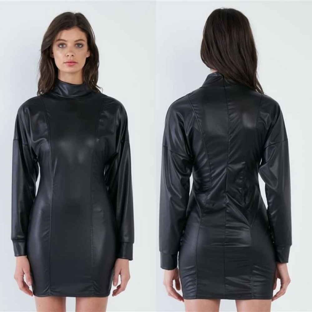 Matrix Vegan Leather High Neck Mini Dress (Black)